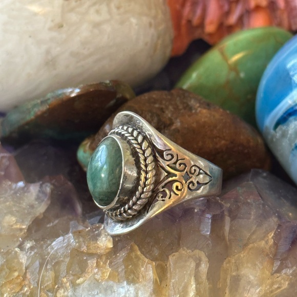 Green chalcedony 925 boho 925 solid sterling silver ring - Picture 4 of 7